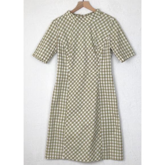 VTG MEO of CALIFORNIA Midi Dress Sz L 38" Greige‎ Gingham High Neck 1/2 Slv 60s - Picture 1 of 11